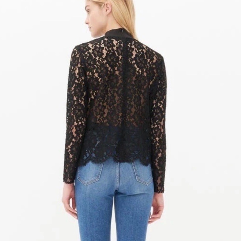 Sandro Black Sheer Floral Lace Ruffle-Front Mock Neck Long Sleeve Blouse 2/US M - Picture 4 of 12